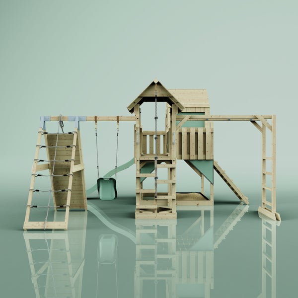 Holzspielplatz mit Schaukel, Rutsche, Kletterwand und Spielhaus für den Garten