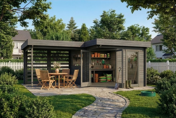 Modernes Gartenhaus aus grauem Holz mit überdachter Terrasse, Glaselementen und gemütlichem Innenraum im Garten bei Abenddämmerung.