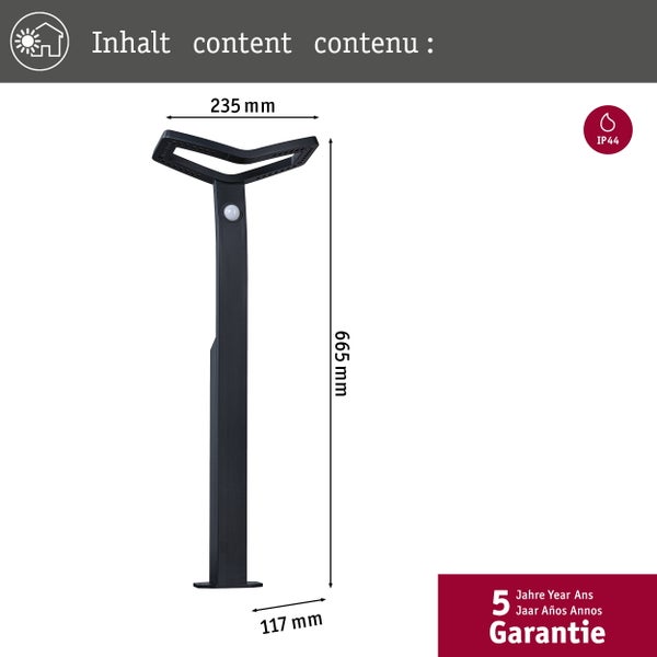 Quadratische LED Deckenleuchte mit Maßangaben von 295 mal 295 mal 64 Millimeter und 5 Jahre Garantie.