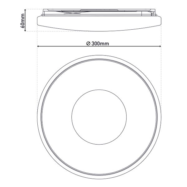 Technische Zeichnung einer runden Deckenleuchte mit den Maßen 300 mm Durchmesser und 60 mm Höhe