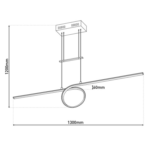 Technische Zeichnung einer Hängeleuchte mit den Maßen 1300 mm Breite und 1200 mm Höhe.
