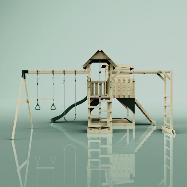 Spielturm aus Holz mit Schaukel und Rutsche