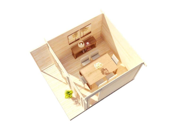 Innenansicht eines hellen Gartenhauses aus Holz mit Essbereich, Tisch, Stühlen und Sideboard.