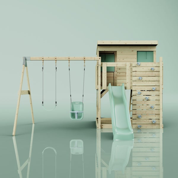 Spielturm aus hellem Holz mit Spielhaus, Rutsche, zwei Schaukeln, integriertem Sandkasten und Leiter für den Garten.