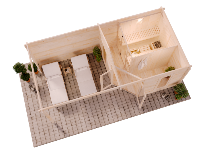 Draufsicht eines Gartenhauses aus Holz mit integrierter Sauna, Vorraum und überdachter Terrasse mit zwei Sonnenliegen auf Steinplatten.