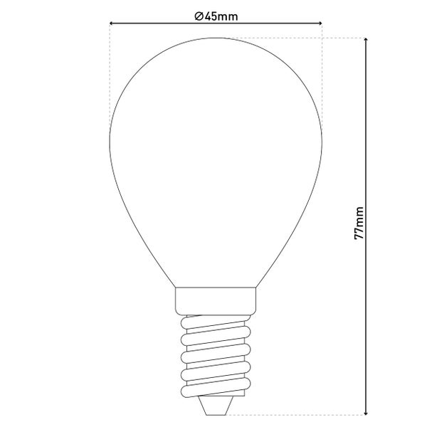 Illustration einer Tropfenlampe mit den Maßen 45 Millimeter Durchmesser und 77 Millimeter Höhe
