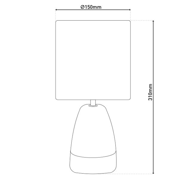 Skizze einer Tischleuchte mit den Maßen 150 mm Durchmesser und 310 mm Höhe