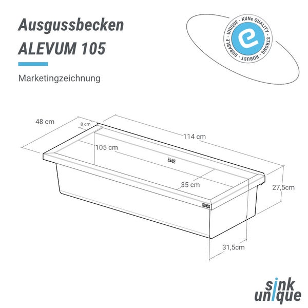Technische Zeichnung des Ausgussbeckens ALEVUM 105, 114 mal 48 mal 27,5 Zentimeter. Siegel für Qualität und Beständigkeit. sink unique Logo.