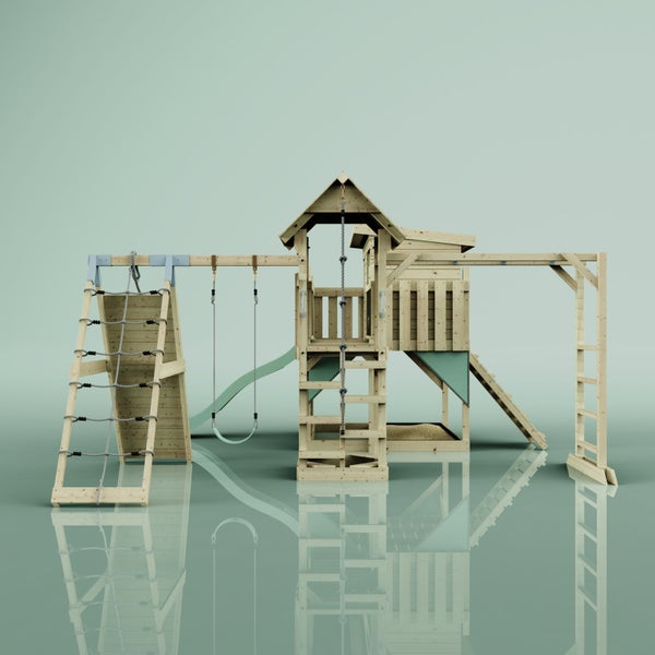 Spielturm aus Holz mit Rutsche, Schaukeln und Kletterwand für den Garten