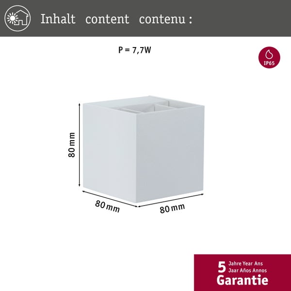 Quadratische Wandleuchte mit 80 Millimeter Kantenlänge und Schutzart IP65 mit 7,7 Watt Leistung und 5 Jahren Garantie