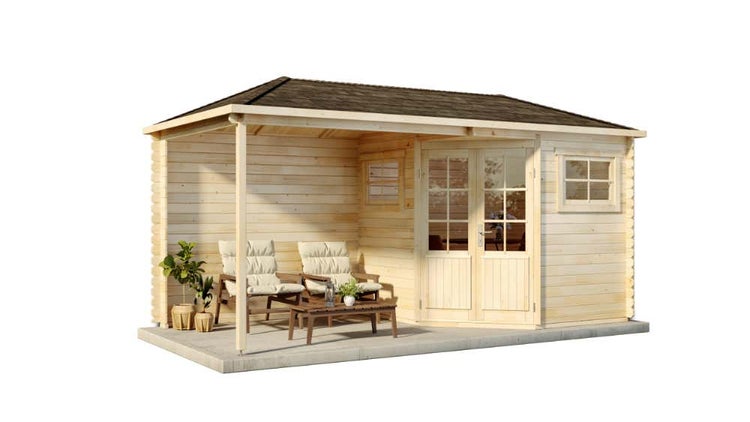 Alpholz 5-Eck Gartenhaus mit Anbau Franz aus Massiv-holz, Gerätehaus mit 28 mm Wandstärke, Garten Holzhaus mit Imprägnierung (pinie), Geräteschuppen Größe: 500 x 250 cm