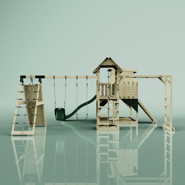 Spielturm mit Schaukel, Kletterwand, Rutsche und Sandkasten aus Holz