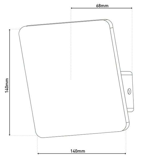 Technische Zeichnung einer quadratischen Wandleuchte mit den Maßen 140 mm x 140 mm und einer Tiefe von 68 mm.