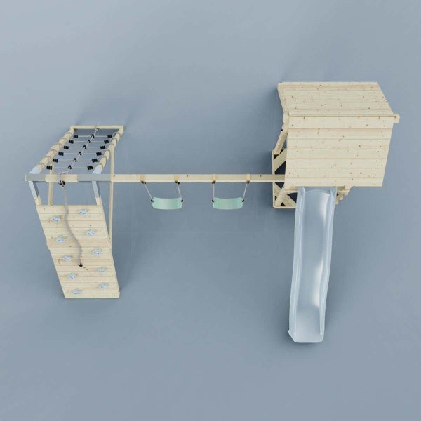 Spielturm aus Holz mit Rutsche, Leiter und Kletterseil für Kinder.