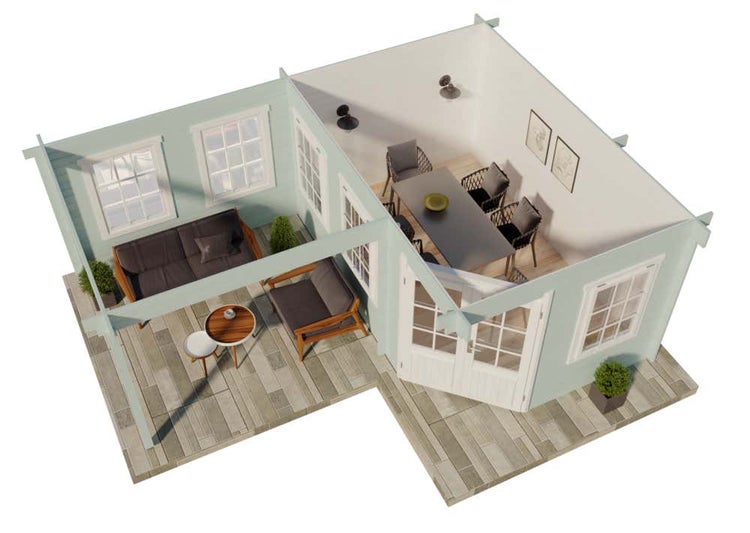 Alpholz 5-Eck Gartenhaus Pepe 40 mm Wandstärke mit Terrasse 442 x 302 cm + 300 cm, Pinie (Imprägniert)