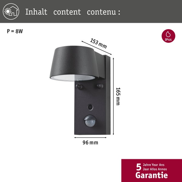 Wandleuchte mit Bewegungsmelder und acht Watt Leistung, Schutzart IP 44, inklusive Maßen und fünf Jahren Garantie.