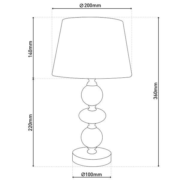 Skizze einer Tischleuchte mit den Maßen 360 mm Höhe, Lampenschirmdurchmesser 200 mm und Sockeldurchmesser 100 mm