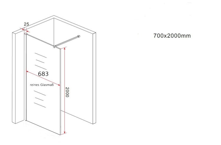 Technische Zeichnung einer Duschkabine mit Maßangaben