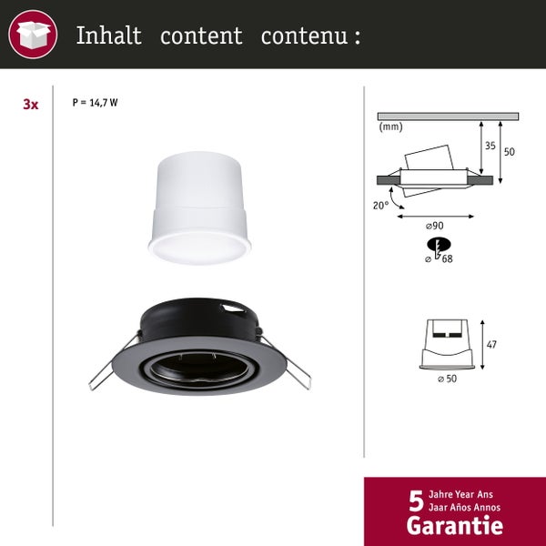 Set aus drei Einbaustrahlern mit technischen Zeichnungen und Maßen sowie fünf Jahren Garantie.