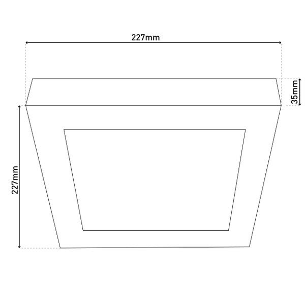 Dimensionszeichnung einer Wandleuchte, 227 mm breit und hoch, 35 mm tief