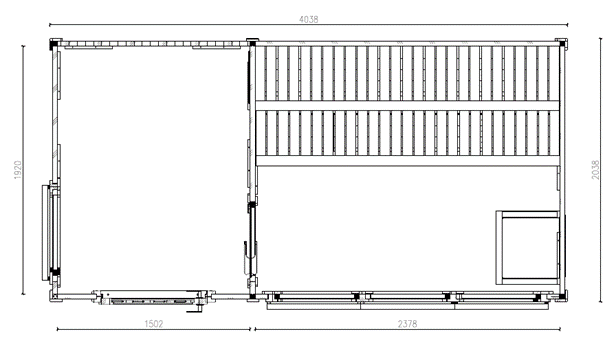Technischer Grundriss eines Gartenhauses mit zwei Räumen und präzisen Maßangaben in Millimetern.