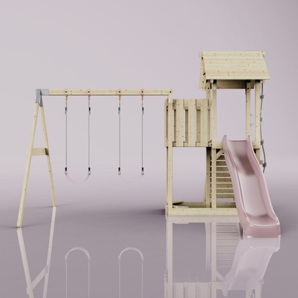 Spielturm mit Schaukel und Rutsche aus Holz