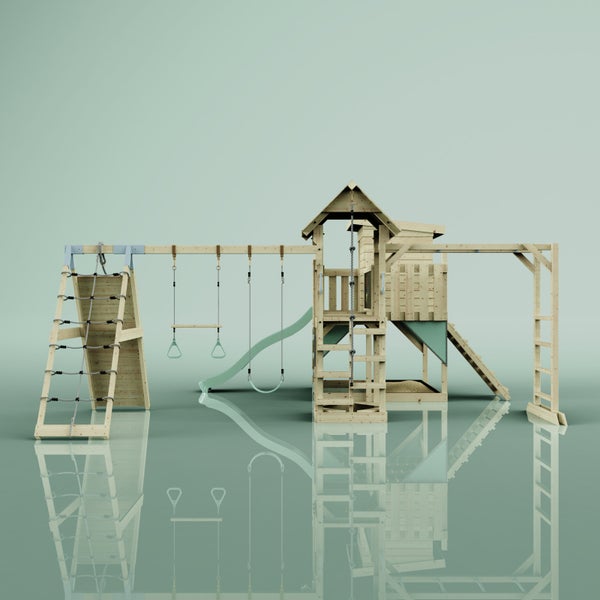 Spielplatz mit Schaukel, Rutsche und Klettergerüst aus Holz