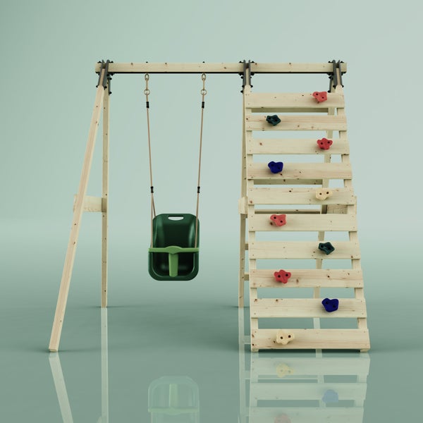 Klettergerüst aus Holz in A-Form mit Kletterwand, Leiter und Babyschaukel.
