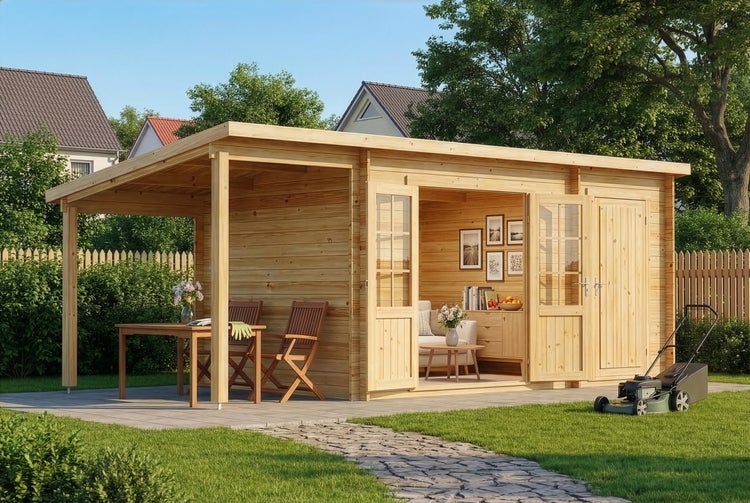 Modernes Gartenhaus aus hellem Holz mit Flachdach, großem Vordach, Doppeltür und integriertem Geräteraum in einem gepflegten Garten.