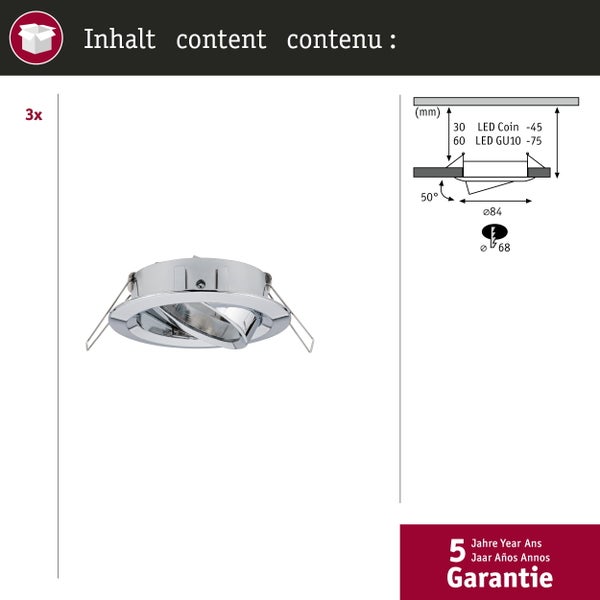 Set mit drei schwenkbaren Einbaustrahlern aus Metall mit Maßangaben und 5 Jahren Garantie