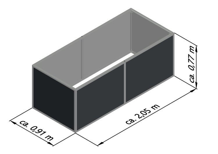 Hochbeet aus Metall mit den Maßen circa 2,05 Meter Länge, 0,91 Meter Breite und 0,77 Meter Höhe.