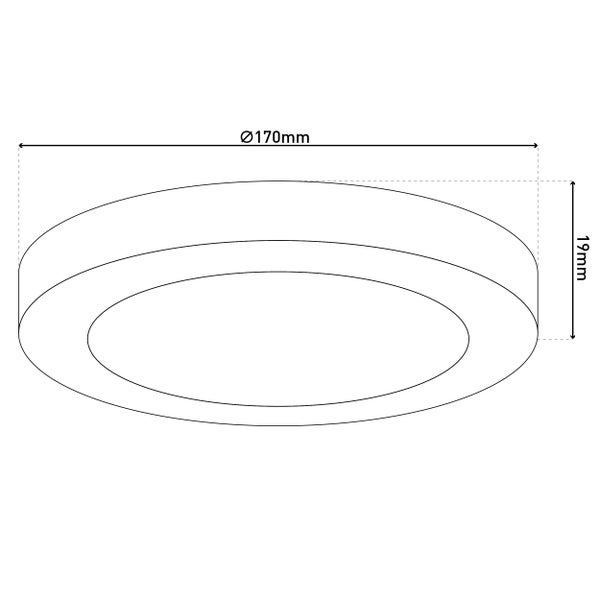 Zeichnung einer runden Deckenleuchte mit den Maßen 170 mm Durchmesser und 19 mm Höhe