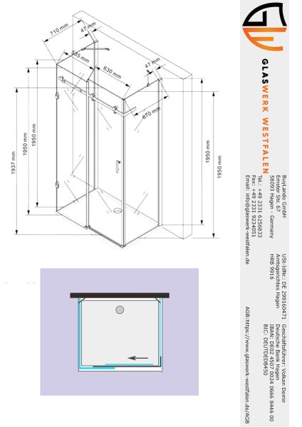 Technische Zeichnung einer Duschkabine mit Maßangaben