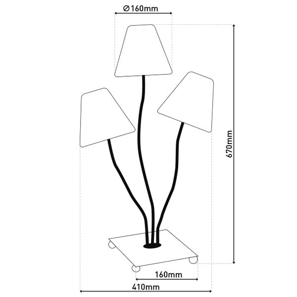 Technische Zeichnung einer Stehlampe mit drei Leuchten und Maßangaben
