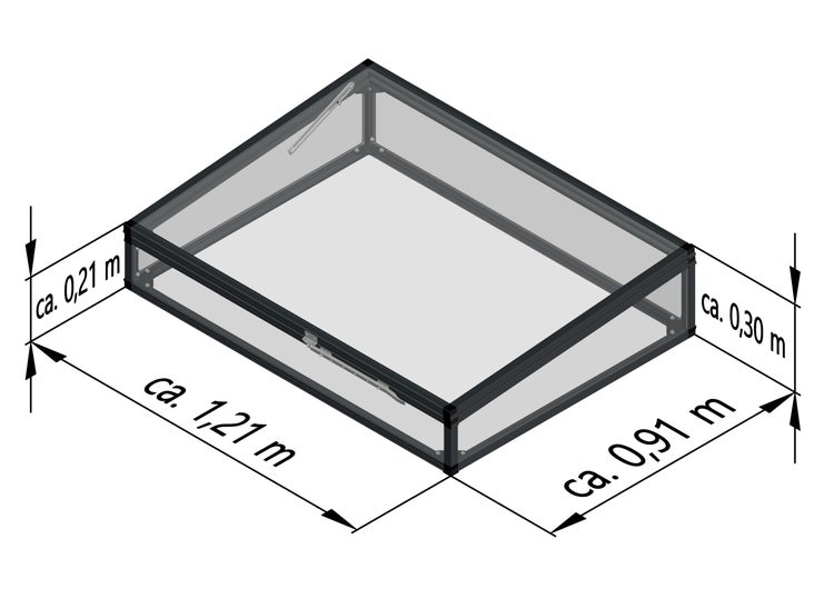 Frühbeet mit transparenten Paneelen und Aluminiumrahmen, Breite circa 1,21 Meter, Tiefe circa 0,91 Meter, Höhe circa 0,21 bis 0,30 Meter.