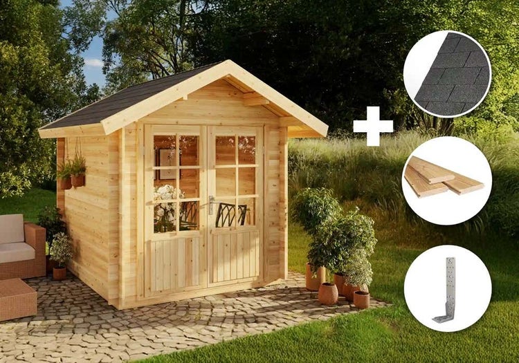 Holz-Gartenhaus mit Satteldach, Doppeltür und Zubehörset aus Dachschindeln, Fußboden und Sturmwinkeln in einem Garten.