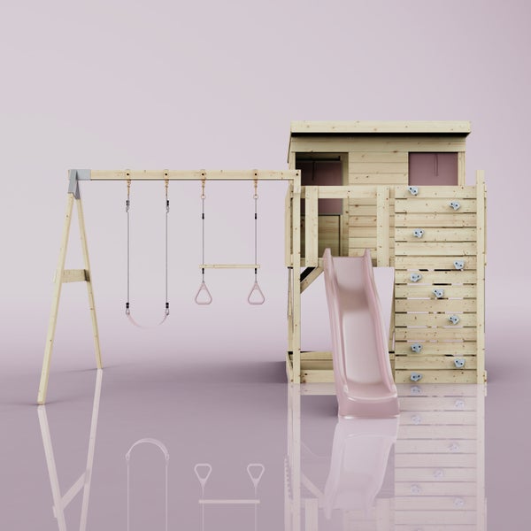 Kinderspielhaus aus Holz mit Pultdach, Sandkasten, Rutsche, Kletterleiter und Schaukelgestell inklusive Turnstange und Ringen.