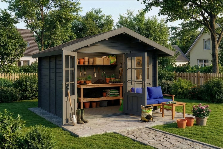 Graues Gartenhaus aus Holz mit Satteldach und geöffneten Doppeltüren, Inneneinrichtung mit Werkbank, Regalen und Gartengeräten.
