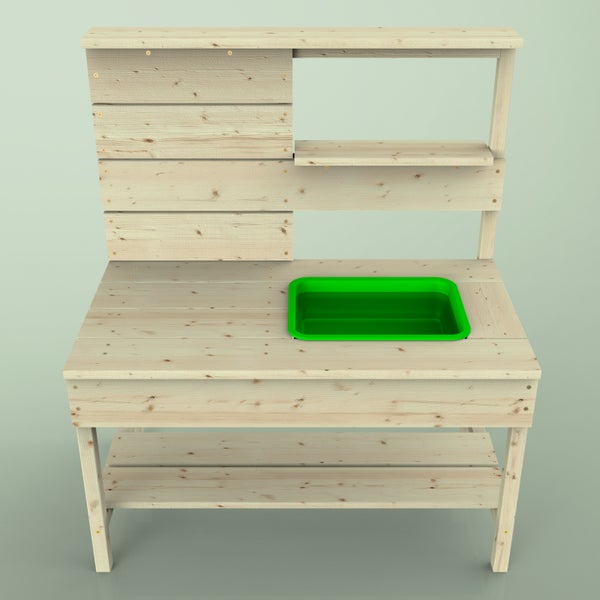 Kinder-Matschküche aus hellem Holz mit grünem Kunststoffeinsatz und Ablageflächen in der Seitenansicht.