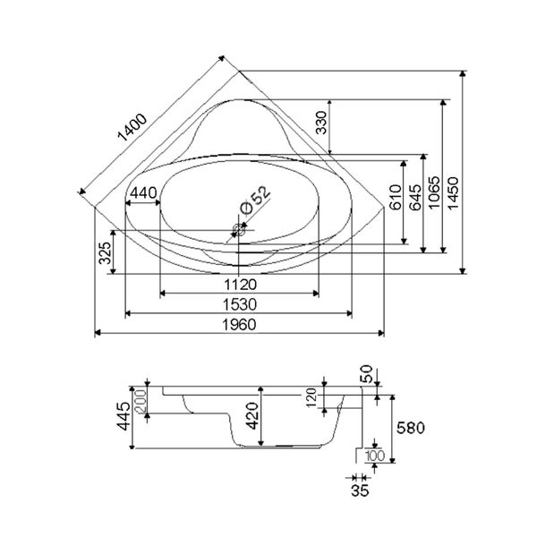 Technische Zeichnung einer Eckbadewanne mit Maßangaben