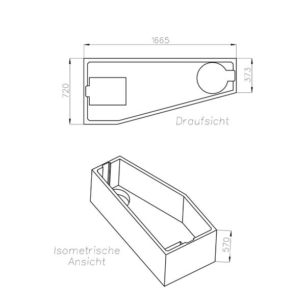 Technische Zeichnung einer Badewanne mit Maßangaben