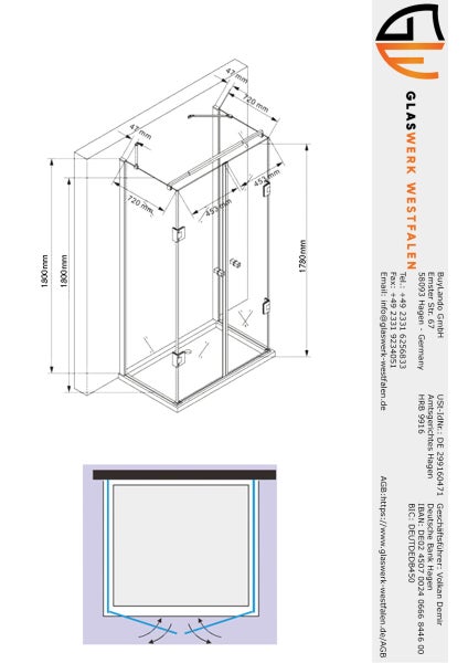 Technische Zeichnung einer Duschkabine mit Maßangaben