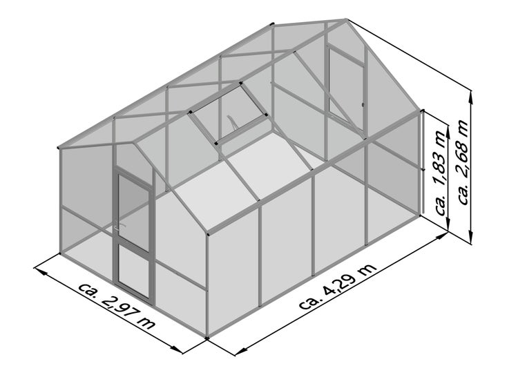 Gewächshaus Maße: Breite circa 2,97 Meter, Länge circa 4,29 Meter, Seitenhöhe circa 1,83 Meter, Firsthöhe circa 2,68 Meter.