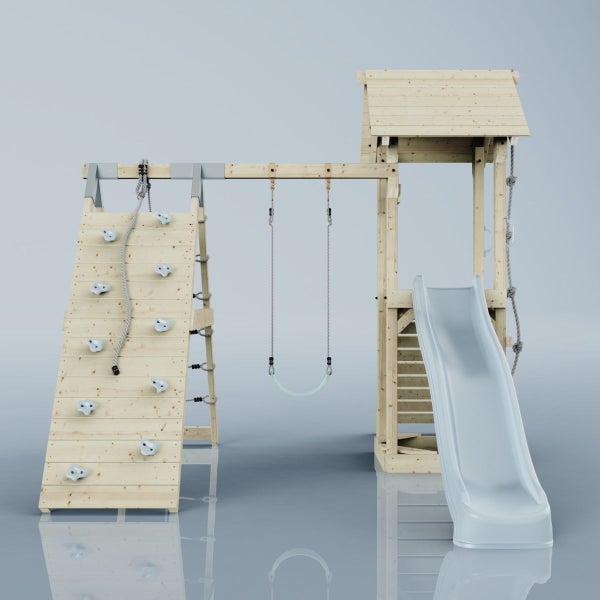 Spielturm mit Kletterwand, Schaukel und Rutsche aus Holz