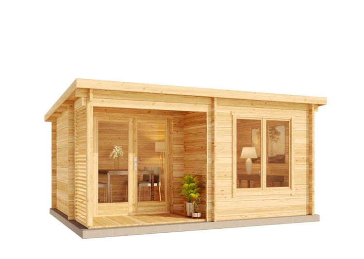 Alpholz Gartenhaus Orkus-44 Petite Gartenhaus aus Holz in Pinie, Holzhaus mit 44 mm Wandstärke inklusive Terrasse, Blockbohlenhaus mit Montagematerial imprägniert 4,9x3,5m