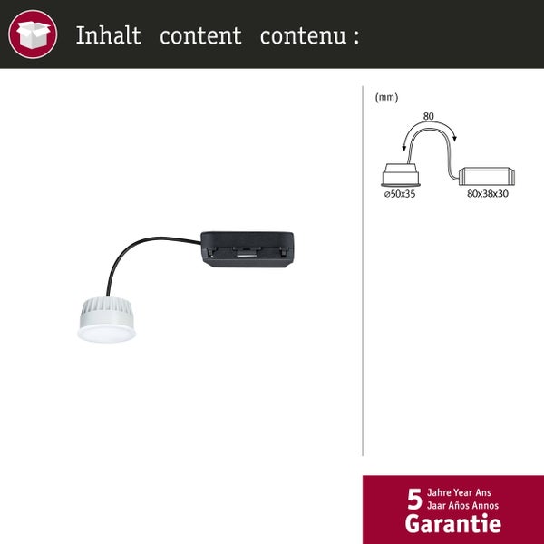 Produktverpackung mit technischen Daten einer LED Filament Lampe, Abmessungen, Strichcode und Entsorgungshinweisen.