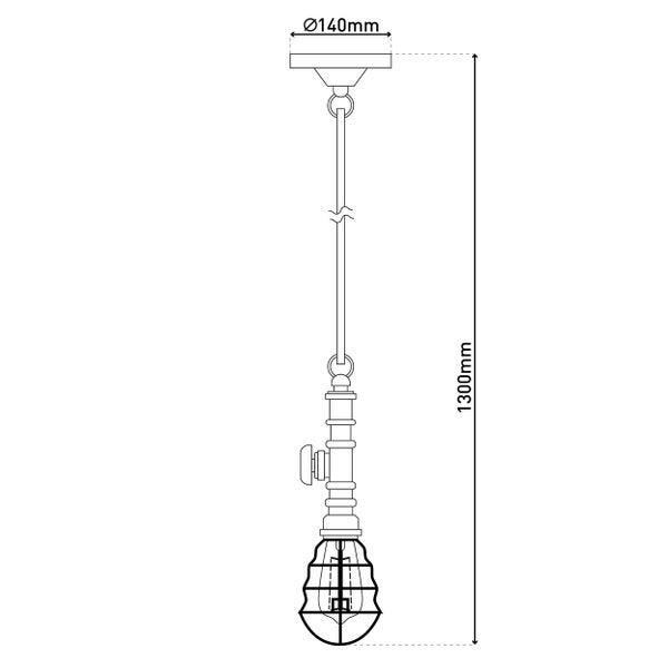 Technische Zeichnung einer Pendelleuchte mit den Maßen 140 mm Durchmesser und 1300 mm Höhe.
