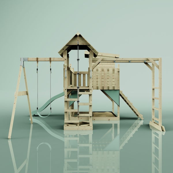 Spielturm aus Holz mit Schaukel, Rutsche, Kletterwand und Sandkasten
