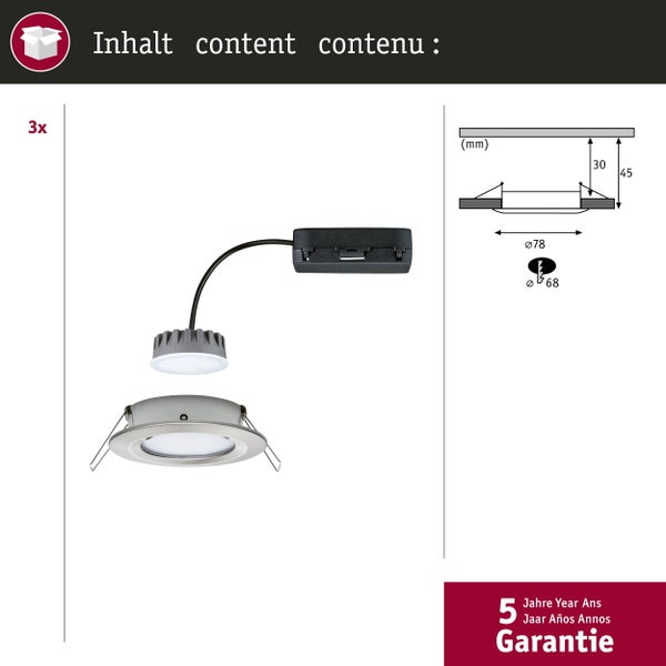 Set aus drei LED Einbaustrahlern mit technischen Zeichnungen, Maßen und fünf Jahren Garantie.