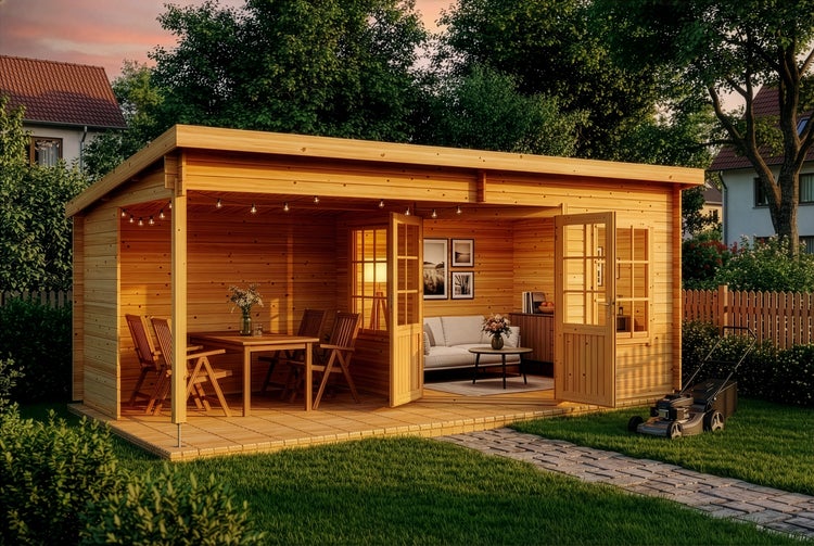 Gartenhaus aus Holz mit Flachdach, Terrasse, Gartenmöbeln und angrenzendem Innenraum mit Sofa in einem Garten.